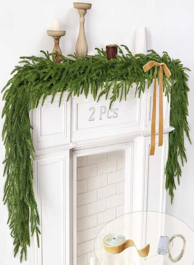 Cherica 2 Pcs Christmas Garland with Lights 6 Ft, Real Touch Norfolk Pine Garland for Mantle, Christmas Decorations Indoor Outdoor for Wall Fireplace, Faux Greenery Cedar Garland Realistic for Table Decor - Image 1